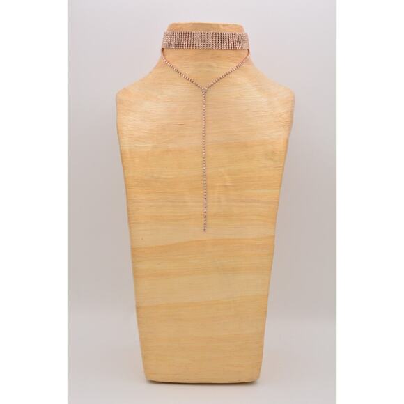 Vintage Crystal Choker Necklace Y Drop Chain Rhinestone Shiny Gold Tone 90s BinI - Picture 7 of 12